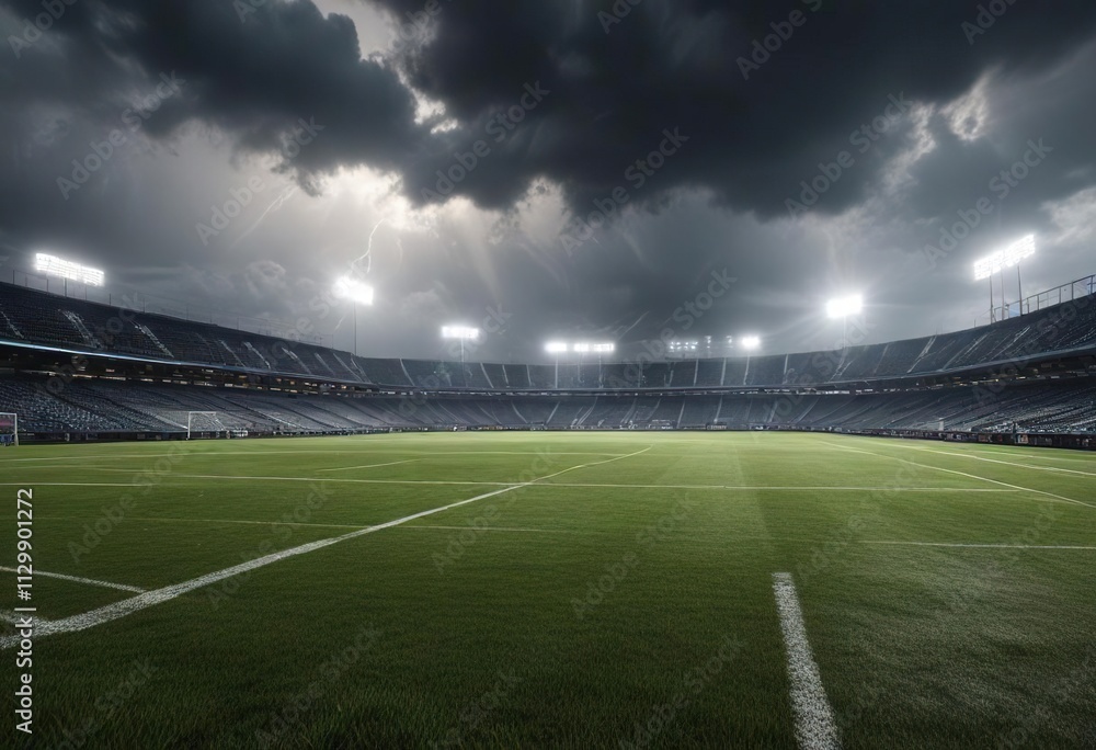 Football field with a stormy sky and lightning , thunder, sky Football field with a stormy sky and lightning , thunder, sky