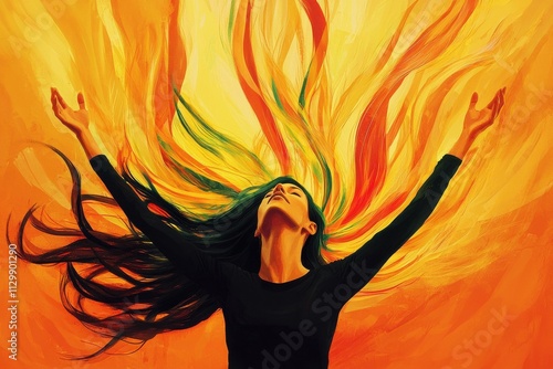 Empowering woman embracing freedom artistic expression abstract environment vibrant viewpoint concept of empowerment photo