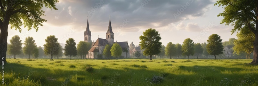 Landscape of a green meadow with trees and old churches in the background , green meadow, landscape, old churches Landscape of a green meadow with trees and old churches in the background , green meadow, landscape, old churches