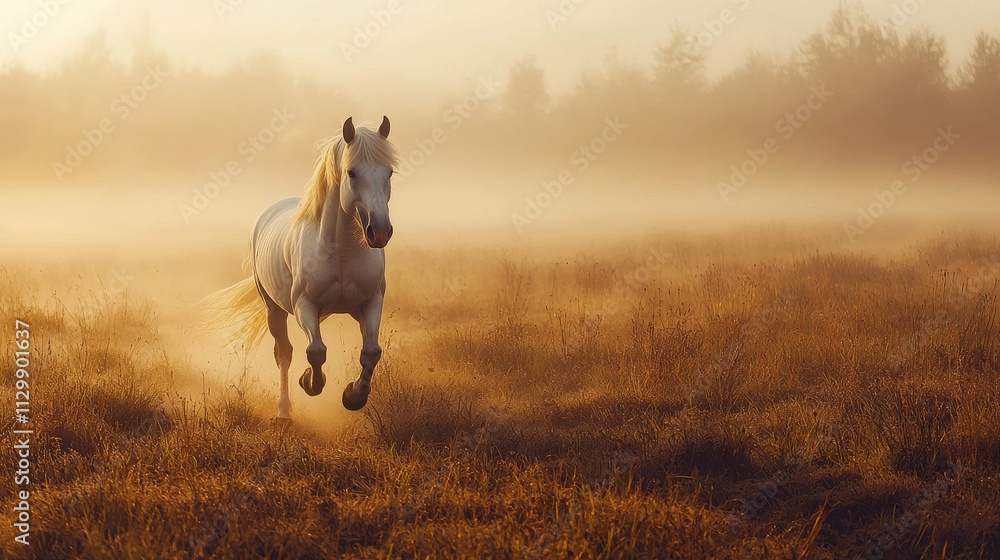 Majestic white horse galloping in misty meadow nature early morning light serene atmosphere Majestic white horse galloping in misty meadow nature early morning light serene atmosphere