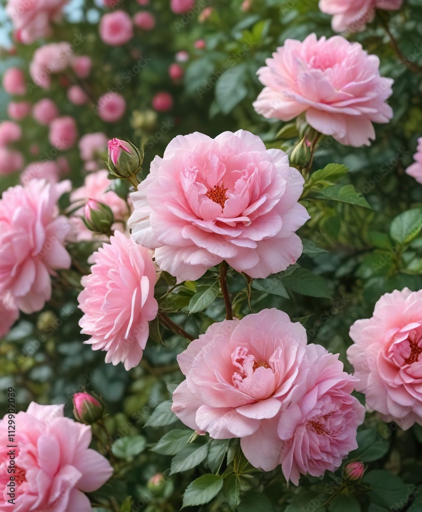 Mass of delicate pink double flowers and green buds of rose bush in garden , rose polyantha, blooming bush Mass of delicate pink double flowers and green buds of rose bush in garden , rose polyantha, blooming bush