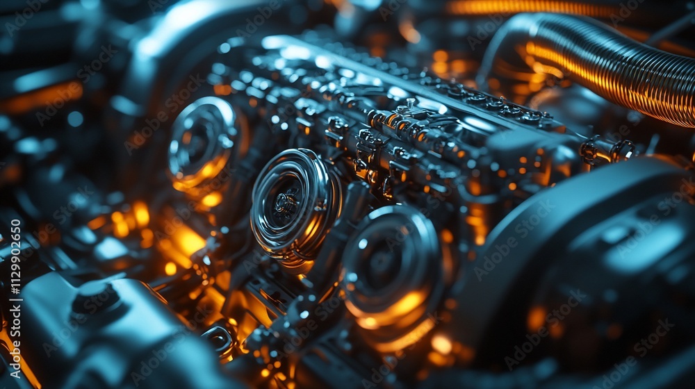 Close-up of a powerful, illuminated car engine. Close-up of a powerful, illuminated car engine.