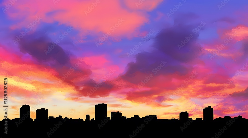 Naklejka premium Vibrant sunset colors paint the sky above a city skyline silhouette.