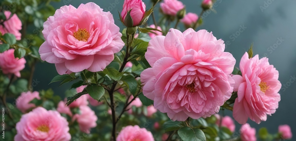Fototapeta premium Pink double flowers and green buds of rose bush in full bloom , blooming bush, nature photography , garden features