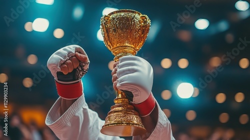 Wallpaper Mural karate championship decorations, closeup on giant golden trophy holded by winner above his head, Torontodigital.ca