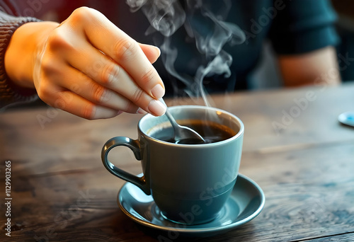 hand stirring a cup of hot coffee with a spoon on the table ai generated