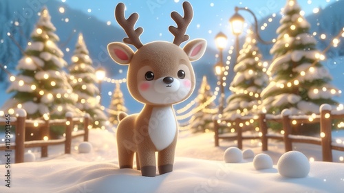 3d illustration of a reindeer sitting happily on snow with soft winter lights and holiday spirit all around. photo