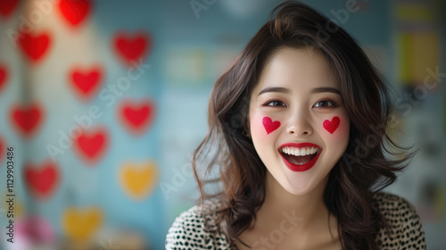 joyful woman with red lipstick and heart shaped face paint smiles brightly, surrounded by colorful heart decorations. Her cheerful expression radiates love and happiness
