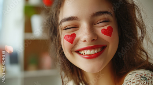 joyful woman with heart shaped face paint and red lipstick smiles brightly, radiating happiness and love. Her playful expression captures fun and festive spirit