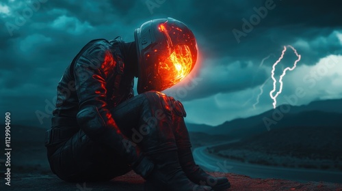 A figure in a dark motorcycle helmet and suit, fire-like details on the helmet, sits slumped in despair against a dramatic stormy sky. photo