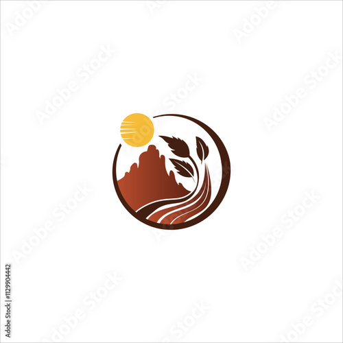 An elegant health clinic logo for your business, Arizona. Showcases flowing red rock silhouettes and a delicate leaf motif, representing natural healing