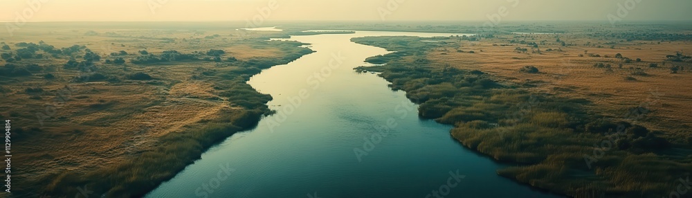Fototapeta premium Flat river delta in soft green and beige tones from a bird s-eye view, natural beauty in symmetry