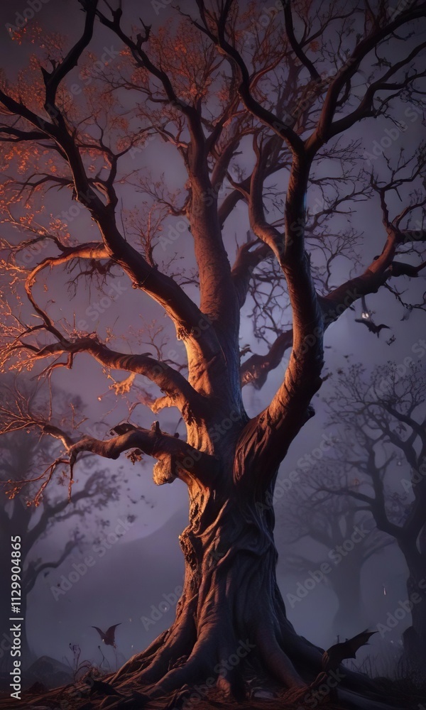 Spooky tree with bats roosting in the branches, abandoned feeling, gothic architecture Spooky tree with bats roosting in the branches, abandoned feeling, gothic architecture