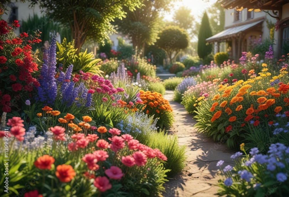 Sunlit garden with a variety of colorful flowers and plants, sunlit garden, colorful flowers, flower meadow Sunlit garden with a variety of colorful flowers and plants, sunlit garden, colorful flowers, flower meadow