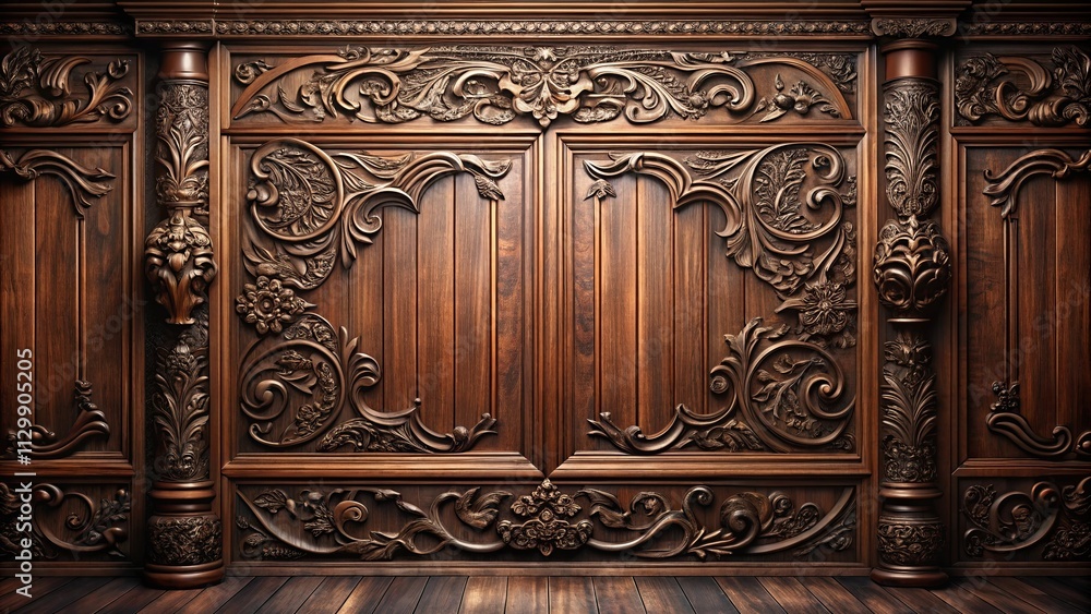 Intricate Carved Wooden Paneling with Ornate Columns and Floral Designs Intricate Carved Wooden Paneling with Ornate Columns and Floral Designs