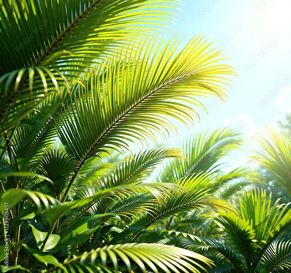 Tropical plants with palm leaves and sunlight, verdant foliage, natural textures Tropical plants with palm leaves and sunlight, verdant foliage, natural textures