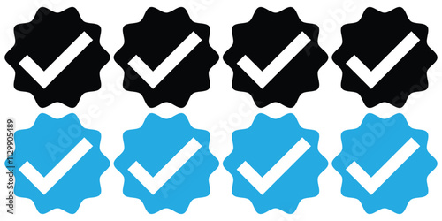 Check mark icon button set. Approved symbol. Check box icon with right button. Verified badge icon, official profile account sign. Tick symbol. Correct vote choise isolated symbol. Vector Illustration