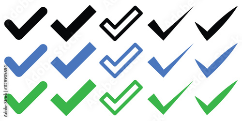Check mark icon set. Tick symbol in green, blue and black color. Hand drawn checkmark illustration. Approval check icon isolated.