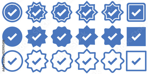 Check mark icon button set. Approved symbol. Check box icon with right button. Verified badge icon, official profile account sign. Tick symbol. Correct vote choise isolated symbol. Vector Illustration