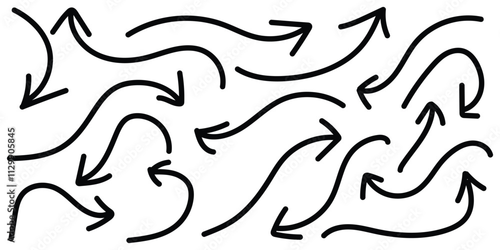 Set of simple lines hand drawn black arrows in various style. Hand drawn vector arrows doodle set on white background. Scribble swirl arrow signs. Curved cartoon arrows sketches. Vector illustration. Set of simple lines hand drawn black arrows in various style. Hand drawn vector arrows doodle set on white background. Scribble swirl arrow signs. Curved cartoon arrows sketches. Vector illustration.