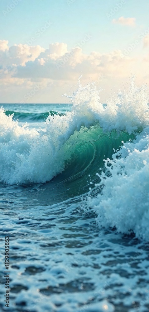 Fototapeta premium Waves gently crash against the shore with foamy white crests , foamy, crest