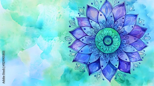 Watercolor mandala design with blue and purple hues on a light teal background.
