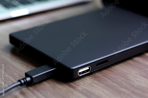 Black external SSD or hard drive with fast transfer speeds for large-scale storage solutions.