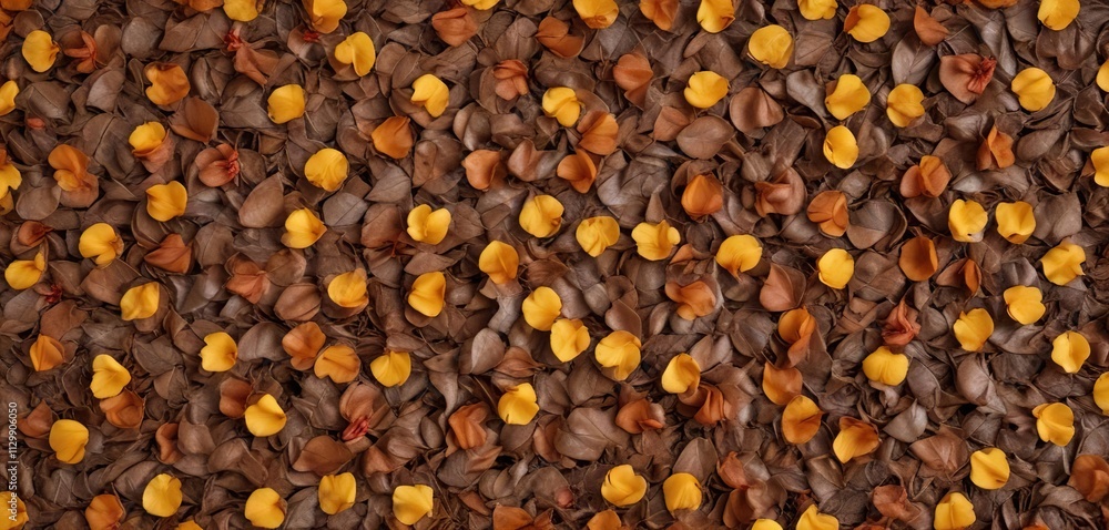 Yellow and orange petals scattered across a bed of brown dried leaves, nature scene, flower arrangement , orange flowers Yellow and orange petals scattered across a bed of brown dried leaves, nature scene, flower arrangement , orange flowers