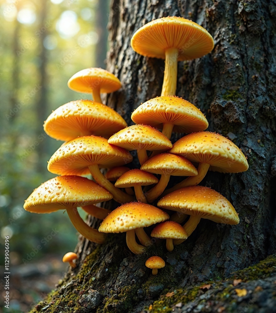 Yellow Golden Oyster Mushrooms growing on a tree trunk , wild, fungi Yellow Golden Oyster Mushrooms growing on a tree trunk , wild, fungi