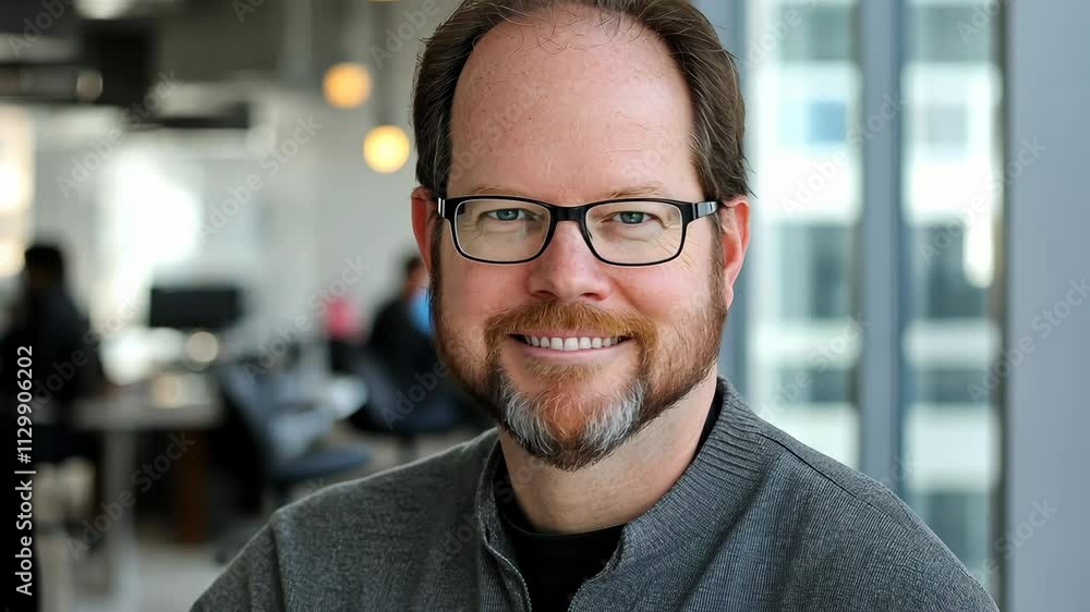 Professional man smiling warmly in a modern office environment during the day Professional man smiling warmly in a modern office environment during the day