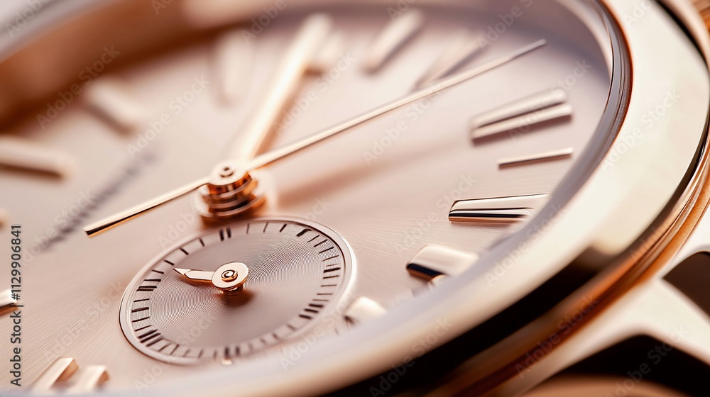 Close-up of elegant rose gold watch face with Roman numerals and subdial. Close-up of elegant rose gold watch face with Roman numerals and subdial.