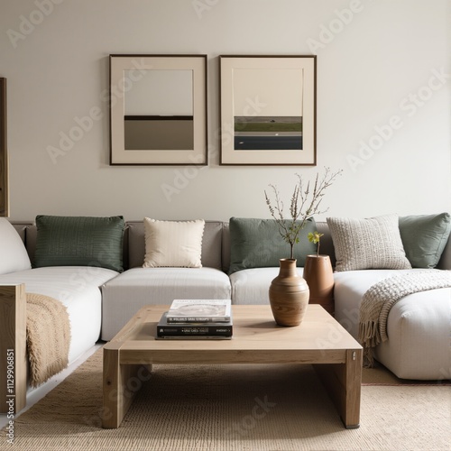 Home interior design of Scandinavian living room with minimalist style, home interior mockup