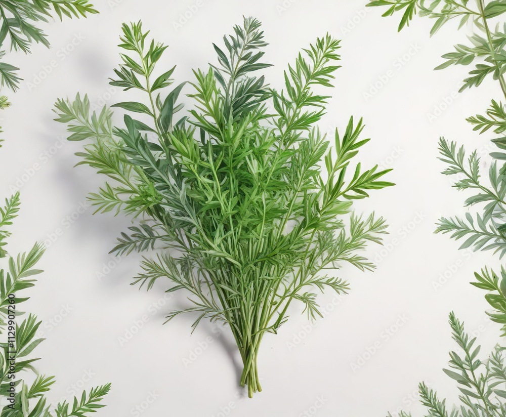 Vivid watercolor painting of mint, dill, and tarragon grouped together on a neutral white surface, cooking, herbaceous, nature, fresh Vivid watercolor painting of mint, dill, and tarragon grouped together on a neutral white surface, cooking, herbaceous, nature, fresh