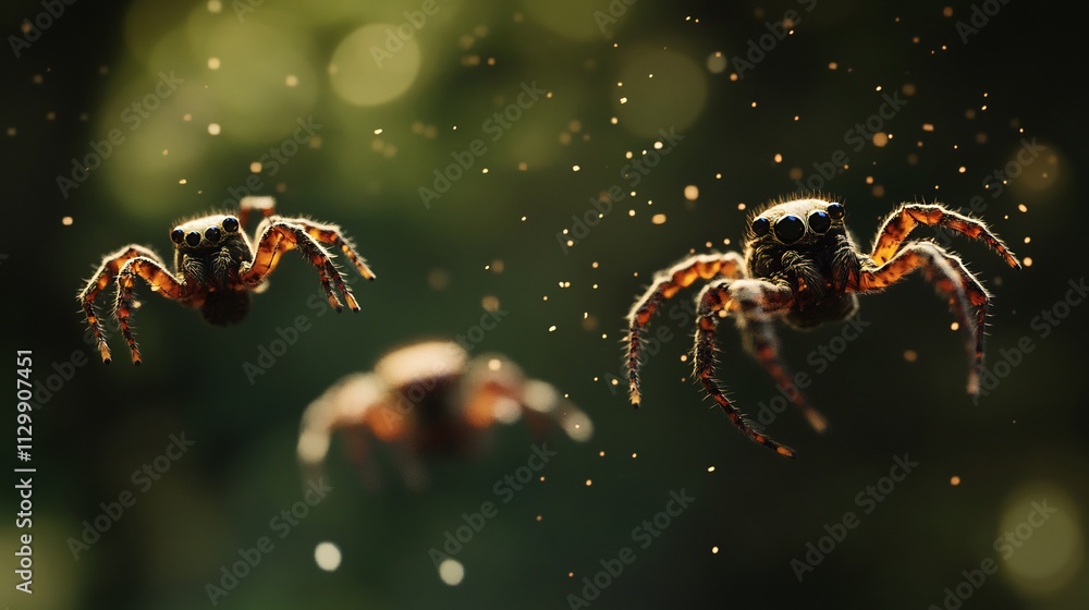 Three Jumping Spiders in Mid-Air, Illuminated by Golden Light Three Jumping Spiders in Mid-Air, Illuminated by Golden Light