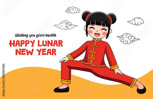 Cute girl with hair buns in a red Chinese cheongsam qipao gracefully performing a warrior yoga pose and tai chi movement, wishing a happy Lunar New Year filled with health and prosperity