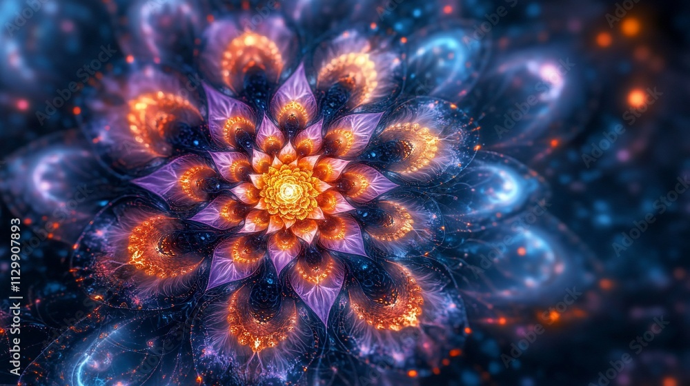 Fototapeta premium Abstract fractal flower with vibrant orange, purple, and blue petals.