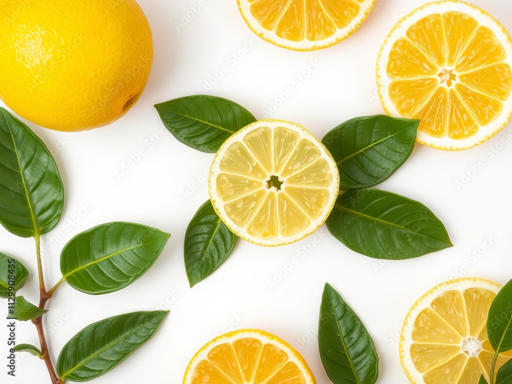 Lemon and lemon slices with green leaf isolated on white background flat lay top view, isolated, healthy Lemon and lemon slices with green leaf isolated on white background flat lay top view, isolated, healthy
