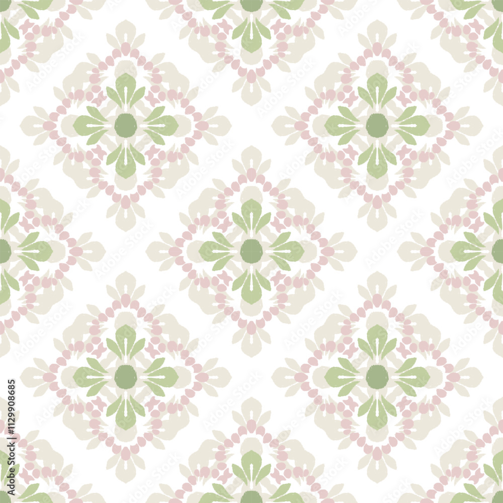 Pink, green, and white embroidery, motif ethnic ikat seamless textile illustration, print striped ornament, pattern, design for wrapping, silk, scarf, clothing, background, textile, carpets, curtains. Pink, green, and white embroidery, motif ethnic ikat seamless textile illustration, print striped ornament, pattern, design for wrapping, silk, scarf, clothing, background, textile, carpets, curtains.