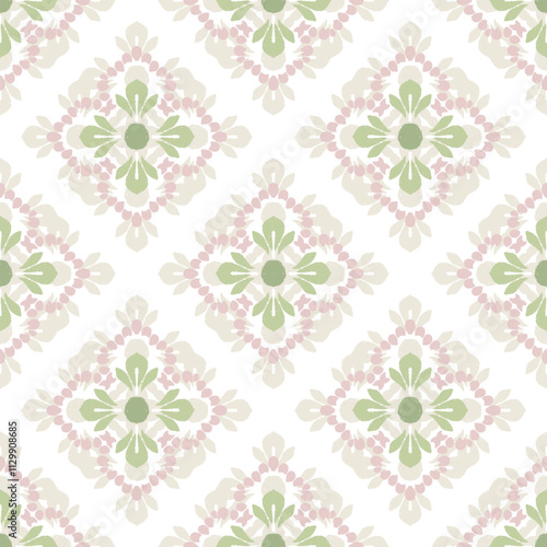 Pink, green, and white embroidery, motif ethnic ikat seamless textile illustration, print striped ornament, pattern, design for wrapping, silk, scarf, clothing, background, textile, carpets, curtains.