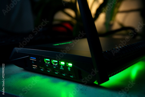 High-tech modem router with illuminated LEDs on, placed on a desk for clear visibility. photo