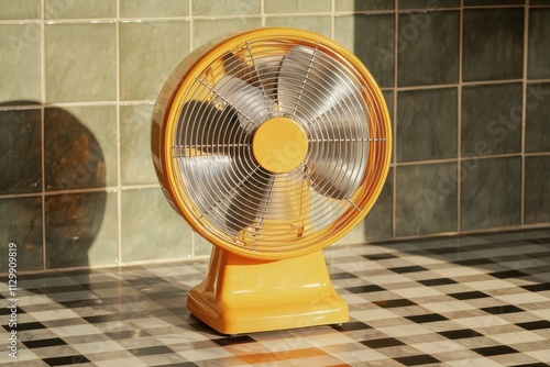 Cheerful retro fan displayed in bright kitchen vintage home decor warm atmosphere close-up view for nostalgic vibes photo