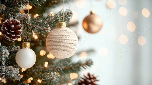 Cozy Christmas room features decorated tree with warm light. Christmas ornaments hanging on branches. Festive atmosphere created by shimmering lights. Perfect for holiday celebrations. Beautiful