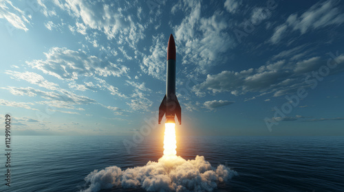 A reusable rocket performing a controlled descent, preparing for a soft landing on a drone ship. photo