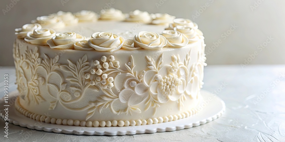Elegant Vanilla Cake Decorated with Intricate Floral Frosting and Pearl Accents Elegant Vanilla Cake Decorated with Intricate Floral Frosting and Pearl Accents