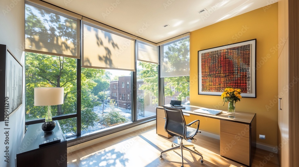 Sunlit modern home office with city view, desk, chair, artwork, and blinds. Sunlit modern home office with city view, desk, chair, artwork, and blinds.