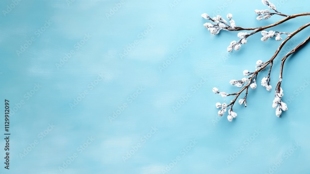 Snow-covered branches against light blue background Snow-covered branches against light blue background