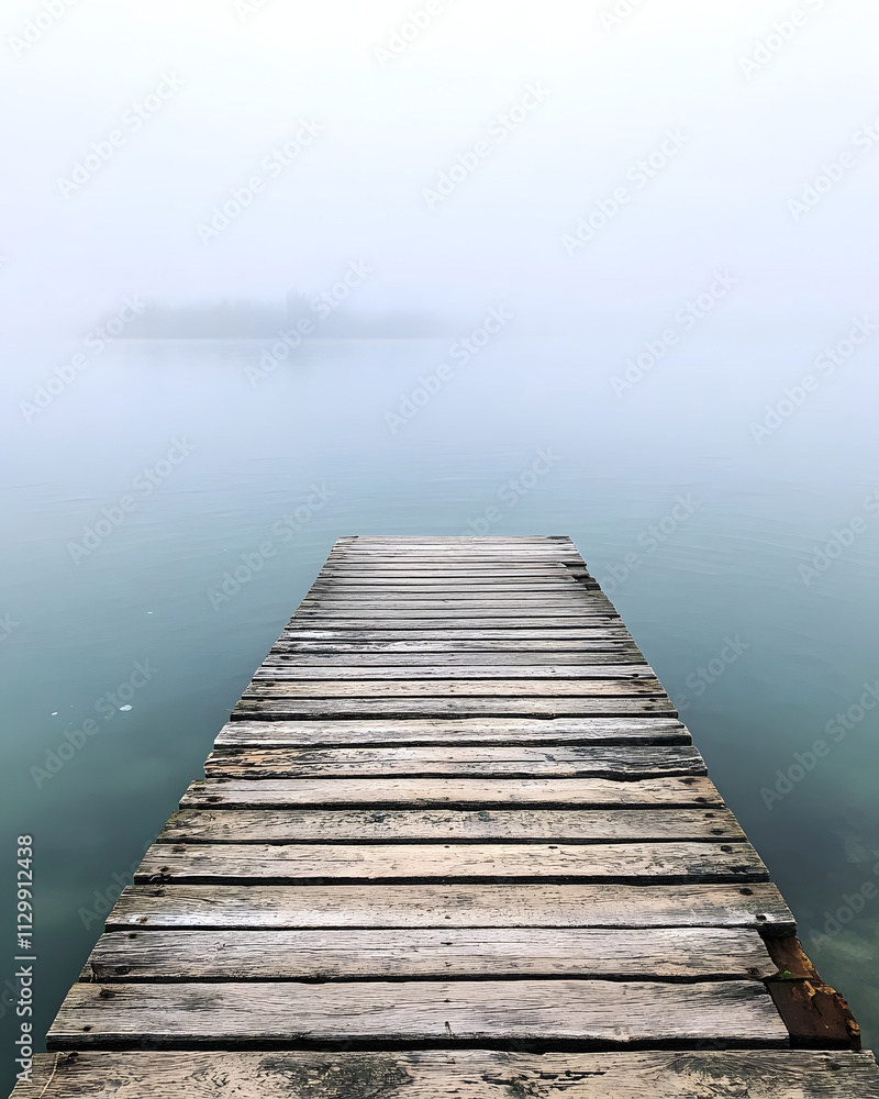 A serene wooden dock extending into a foggy lake, creating a tranquil atmosphere. A serene wooden dock extending into a foggy lake, creating a tranquil atmosphere.