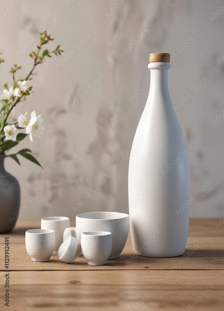 High quality image of white sake bottle and cup set, labelless, Japanese cuisine, macro, luxury High quality image of white sake bottle and cup set, labelless, Japanese cuisine, macro, luxury