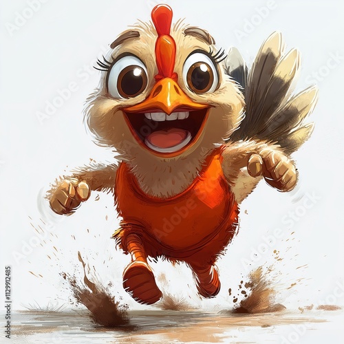 Cheerful cartoon turkey runs with big smile. Active poultry enjoys fun activity. Turkey sports orange outfit. Running on dusty ground creates lively scene. Healthy lifestyle, fun characters depicted. photo