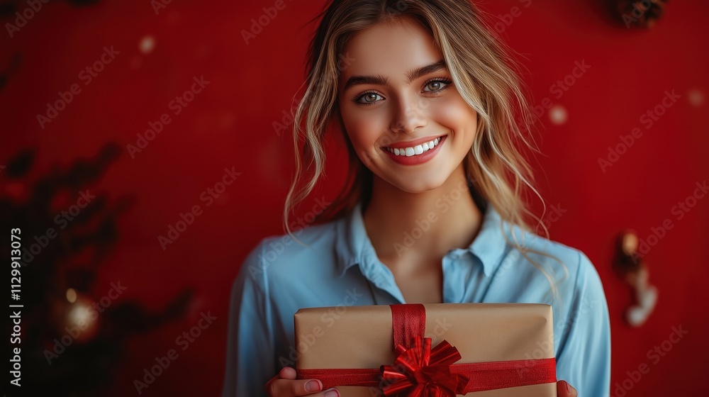 Happy woman holds gift box. Holiday season. Festive occasion. Woman wearing light blue shirt. Christmas holiday celebration. Beautiful female model. Joyful expression. Gift present. Red ribbon on Happy woman holds gift box. Holiday season. Festive occasion. Woman wearing light blue shirt. Christmas holiday celebration. Beautiful female model. Joyful expression. Gift present. Red ribbon on